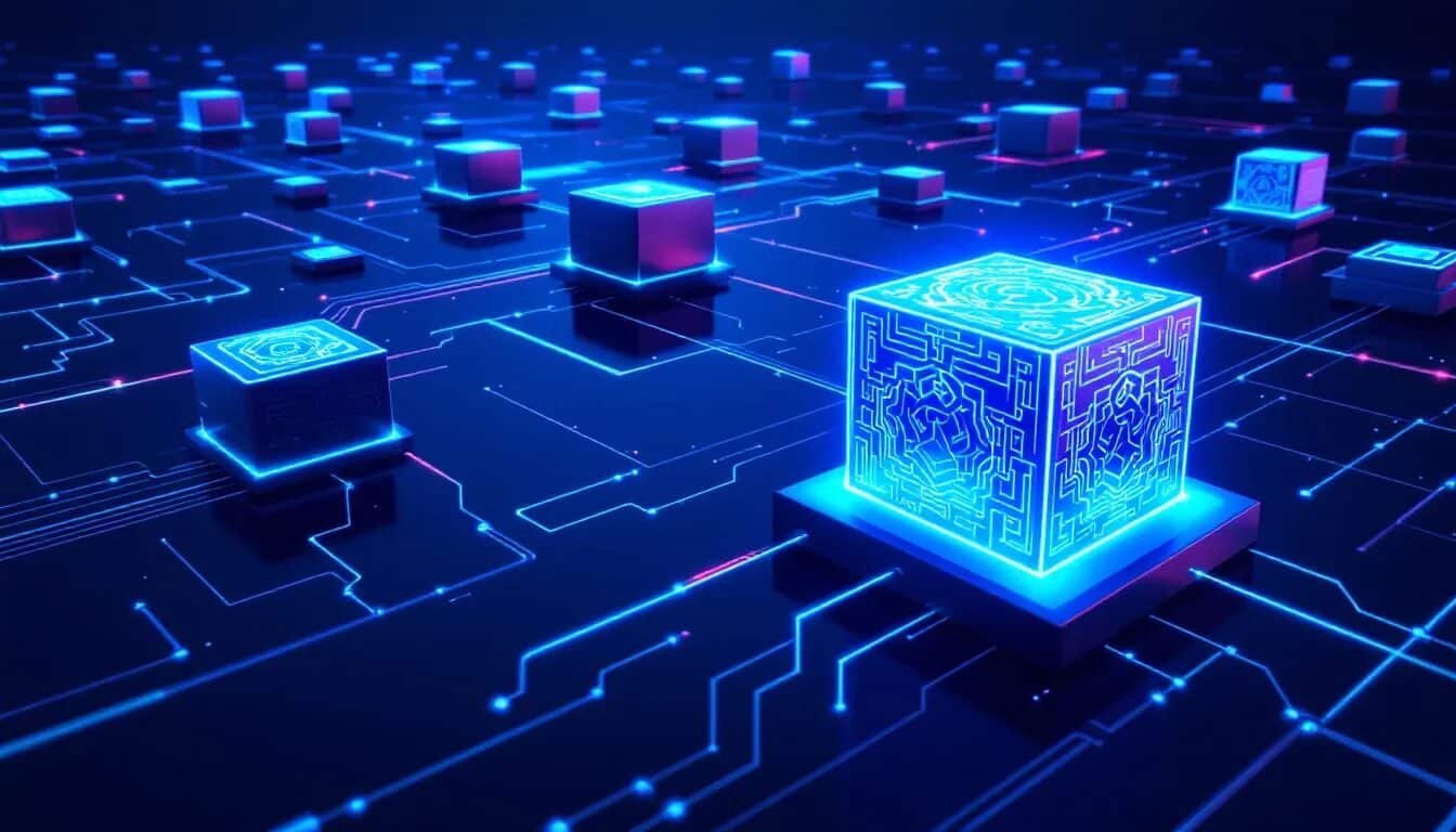 A visual representation of blockchain technology, showing interconnected blocks.