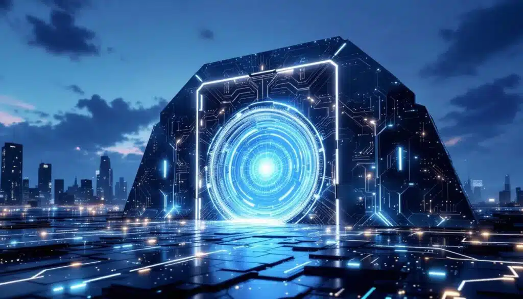 A representation of blockchain security, with elements of cryptography and protection.